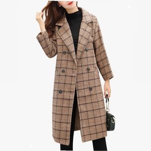 Women's Notch Lapel Double Breasted Wool Blend Mid Long Pea Trench Coat